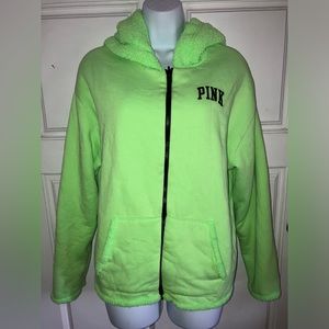 Victoria’s Secret PINK Neon Green Reversible Sherpa Hooded Zip-up Sweater Large